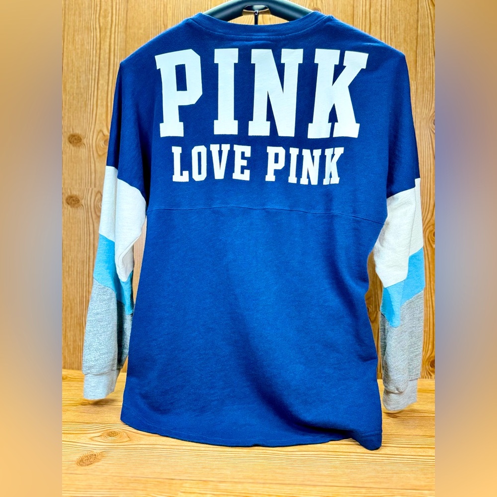 PINK Victoria’s Secret Women’s Varsity Sweatshirt BlueGreyWhite Colorblock Sz L